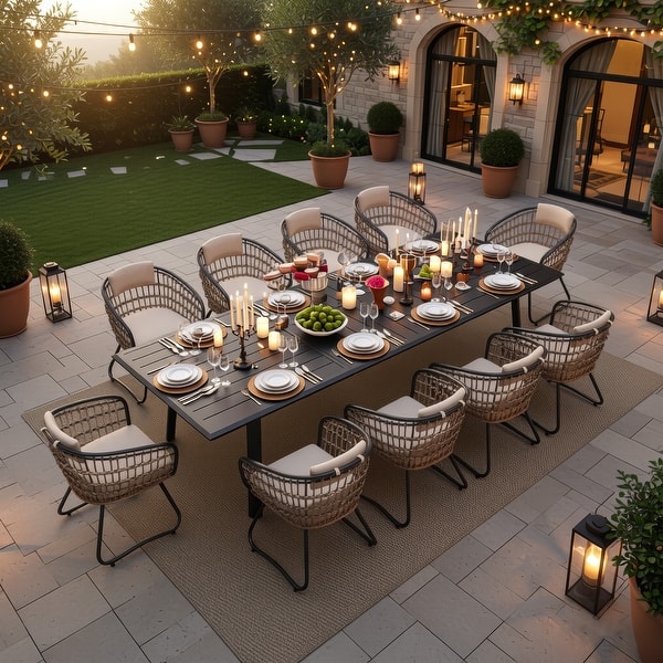 slide 2 of 24, 7/9/11-Piece Outdoor Patio Dining Set Aluminum Rectangular Dining Table with Umbrella Hole and PE Rattan Chairs - See Picture