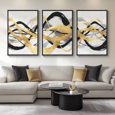 Framed Black White Gold Abstract Canvas Wall Art