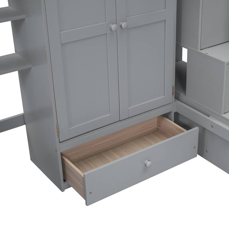 Twin Size Loft Bed with Bookshelf, Desk, Drawers and Wardrobe