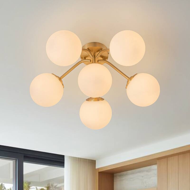 Modern 11-Light Frosted Glass Globe Wavy Arm Sputnik Semi-flush Mount - 21.7in - Brass