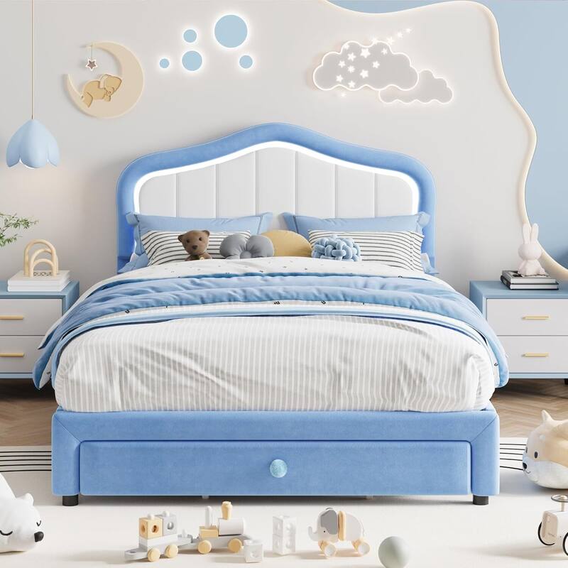 Twin Upholstered Platform Bed Frame with LED Lights & Storage Drawer for Kids - Blue