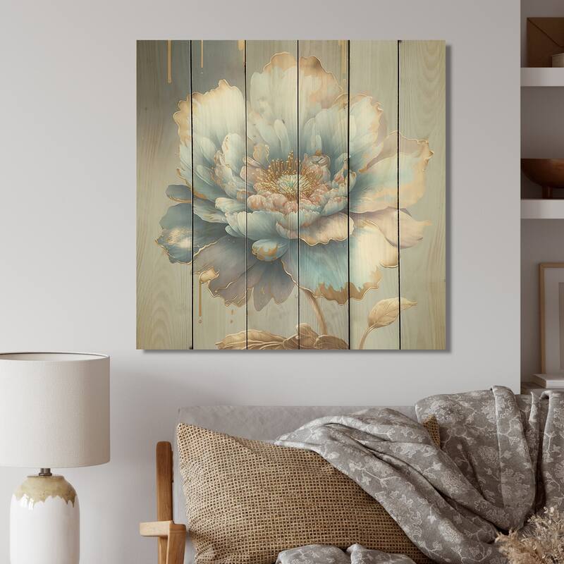 Designart 'Chic Blue Blooming Flower IV' Floral Wood Wall Art - Natural Pine Wood