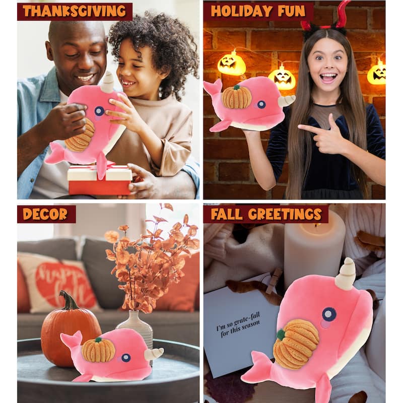DolliBu Baby Soft Pink Narwhal Stuffed Animal with Pumpkin Decor - 21 inches
