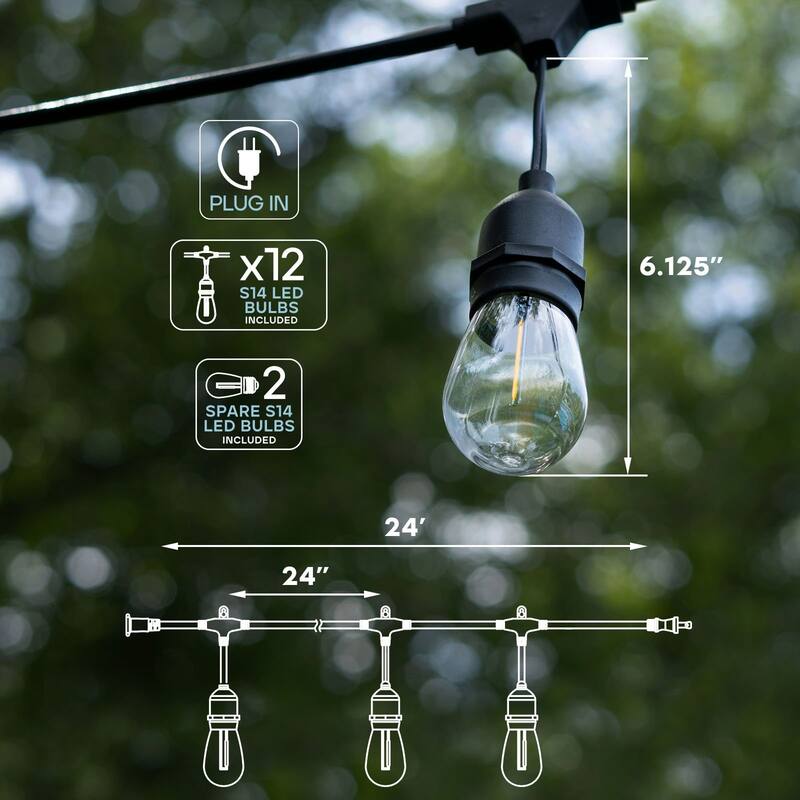 Luxrite 24FT LED Outdoor String Lights Commercial Grade Waterproof, 12 S14 Shatterproof Bulbs, IP65, Patio Garden Cafe - 24 FT