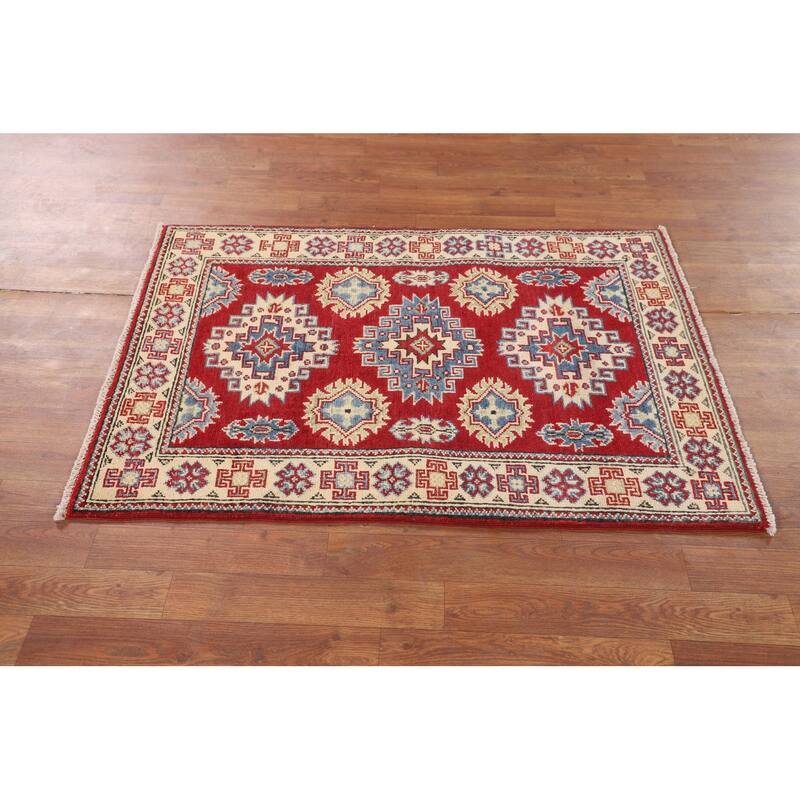 Geometric Red Kazak Accent Rug Handmade Wool Carpet - 2'9" x 4'0"