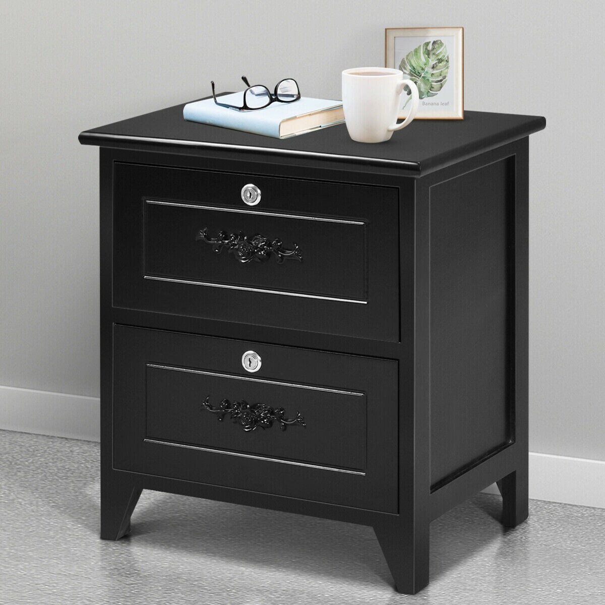 Shop Costway Solid Wood Elegant Nightstand W 2 Locking Drawer End Table Overstock 21443700