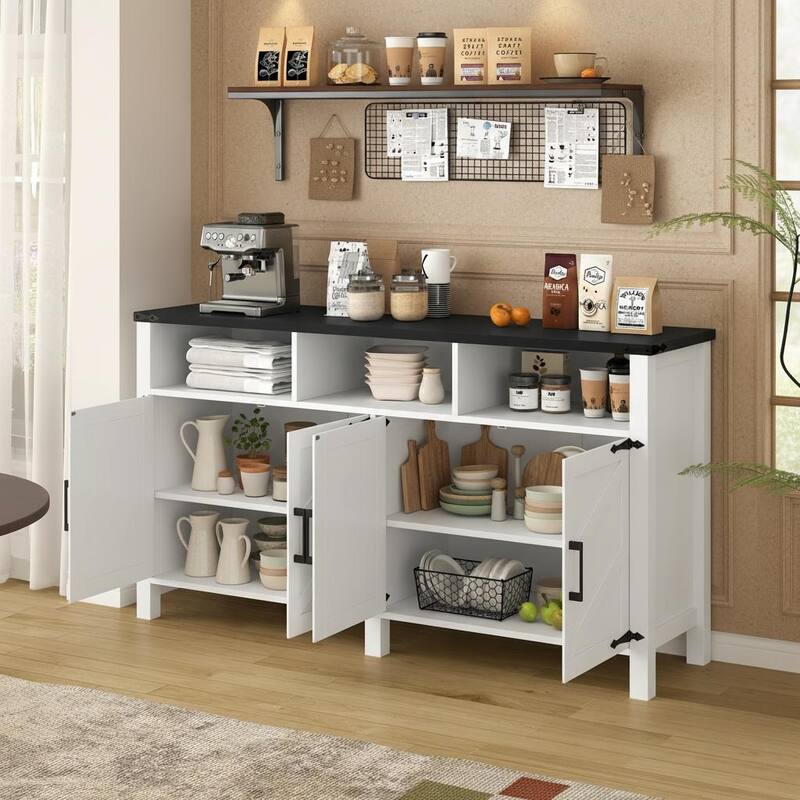 Farmhouse 4-Door Buffet Cabinet with Power Outlets, USB Ports & Adjustable Shelves by Harper&Bright Designs
