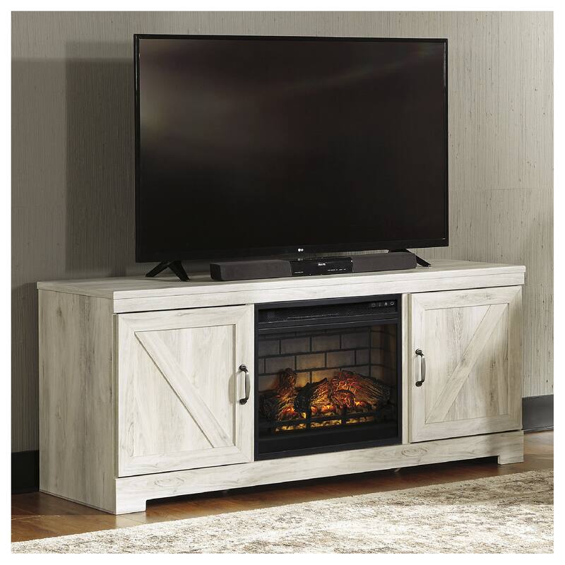 Signature Design by Ashley Bellaby Whitewash 63" TV Stand for TVs up to 72" with Electric Fireplace - 63.5"W x 19.5"D x 26"H - 63.5"W x 19.5"D x 26"H - Whitewash