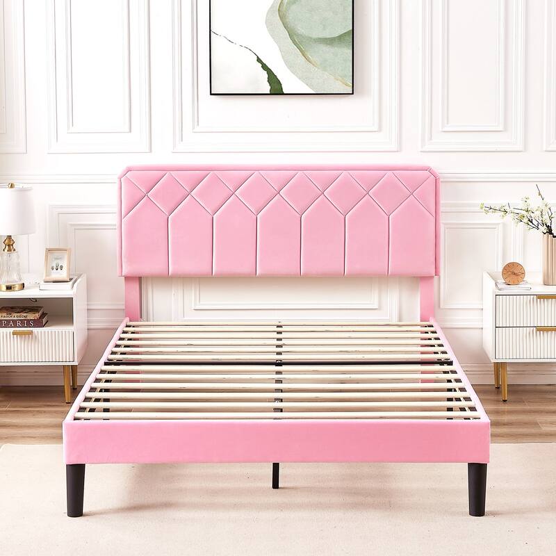 VECELO Pink Velvet Upholstered Bed Frame with Adjustable Headboard No Box Spring Needed Under Bed Storage Platform Bed