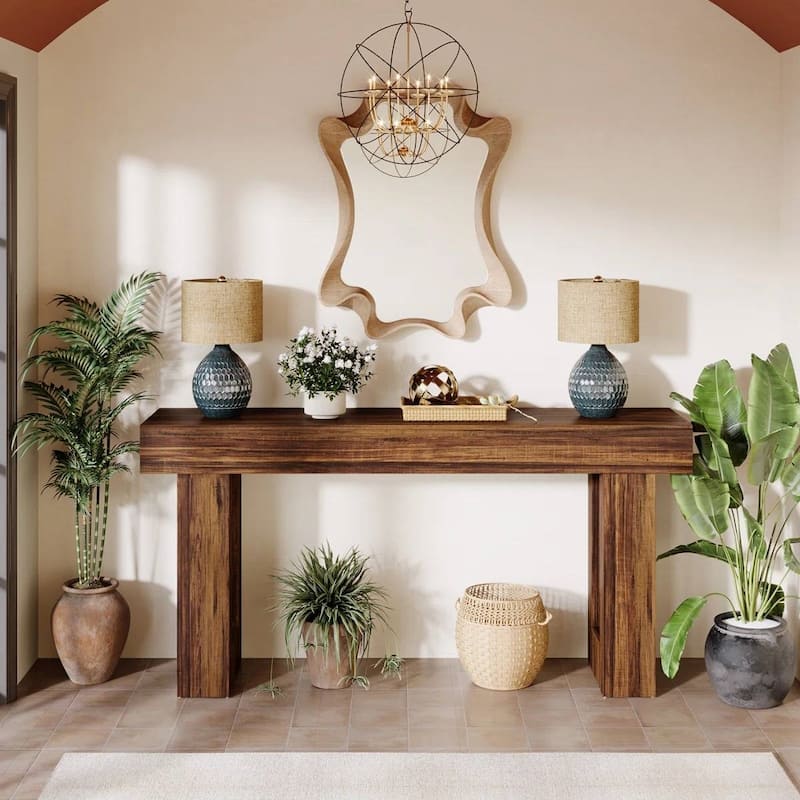 63 Inch Modern Rustic Entryway Console Table with Wood Finish and Legs for Hallway or Living Room - 63”L x 3.77”W x 33.46”H