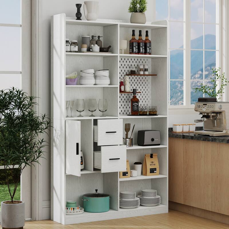 Modern Bookshelf w/ Pegboard and Drawers, 9-Cubby Bookcase Display Shelves, Storage Shelving Unit for Living Room, Home Office