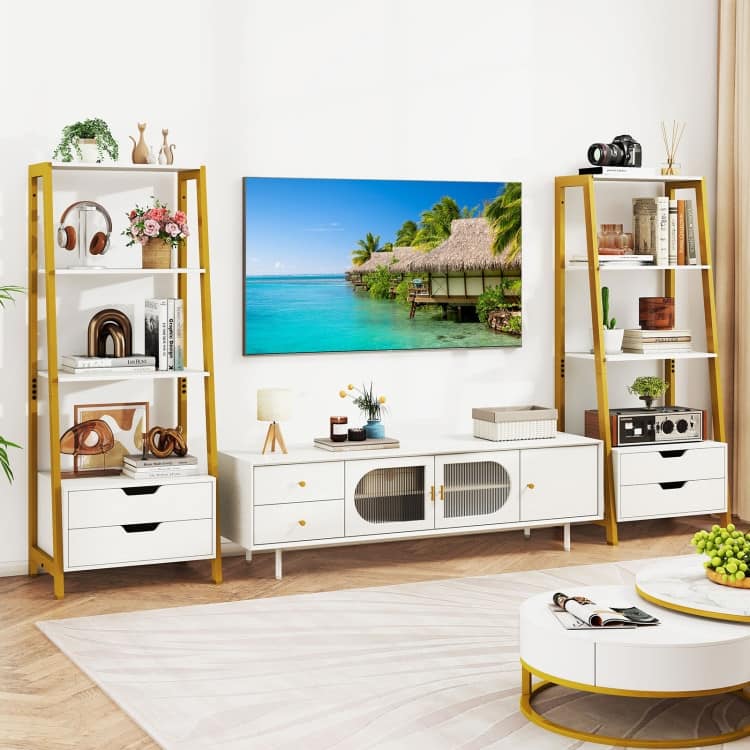 Ladder Bookshelf 4-Tier Freestanding Bookcase with Drawers - 20.5" x 15.5" x 52.5"