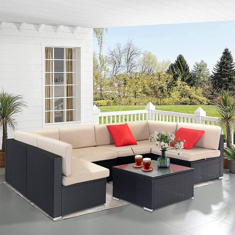 7 Piece Outdoor Patio Furniture Set Grey/Black Wicker Conversation Sectional Sofa Set with Coffee Table and Cushions