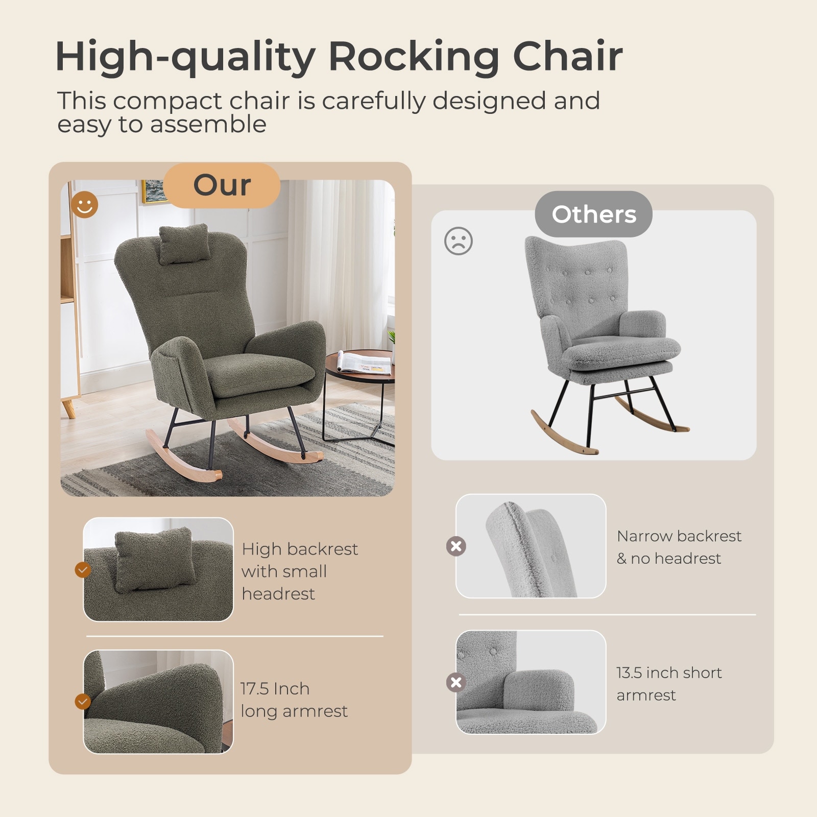 Rocking Chair Nursery Teddy Upholstered Nursing Armchair with