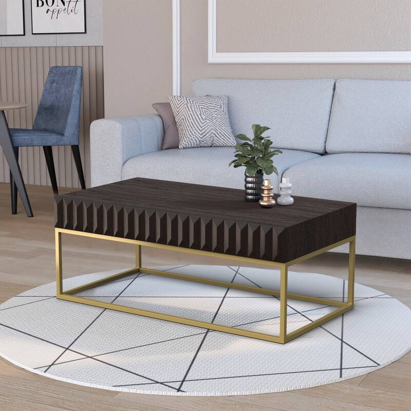 47-inch Walnut and Gold Coffee Table with Concealed Drawers