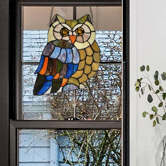 River of Goods Tiffany Style Stained Glass Hoot's Owl Window Panel - S