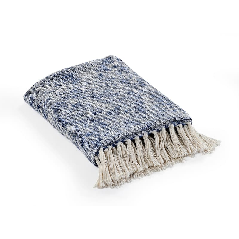50" X 60" Blue and White Woven Cotton Throw Blanket with Fringe