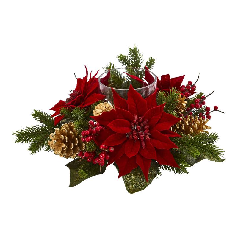 Poinsettia, Berry and Golden Pine Cone Candelabrum Artificial Arrangement - Red
