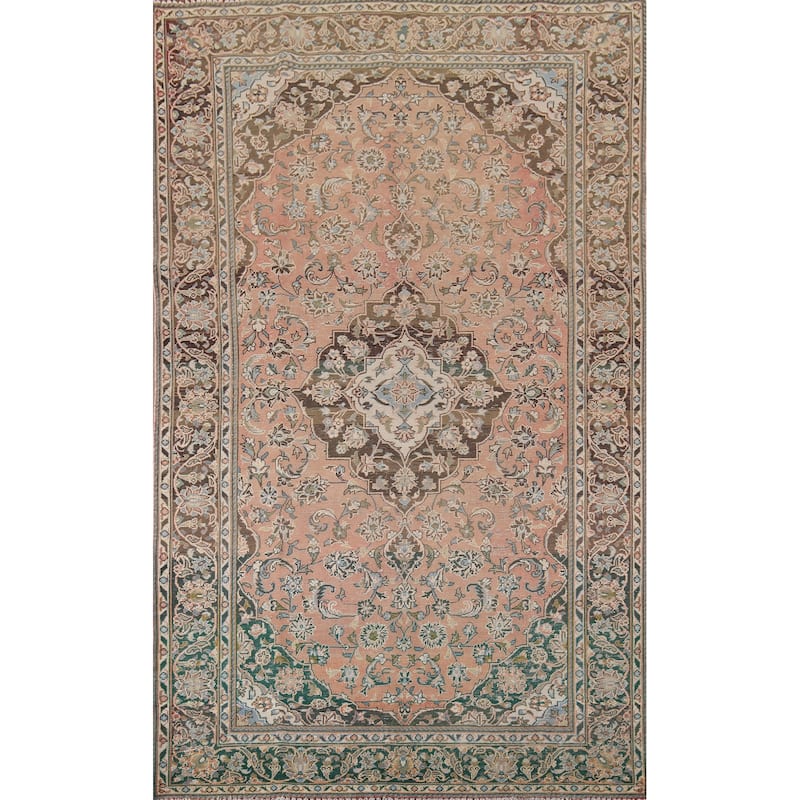 Traditional Mashad Persian Vintage Area Rug Handmade Wool Carpet - 6'5" x 10'1"