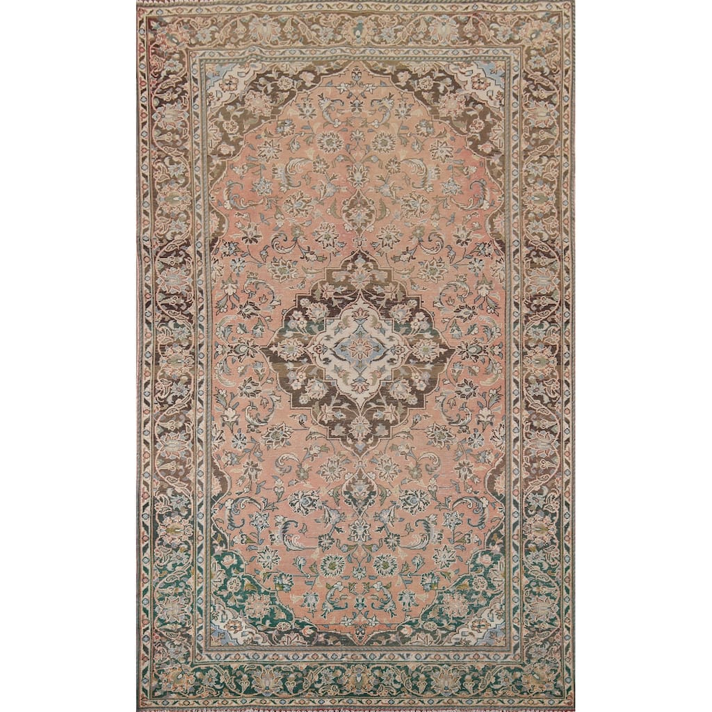 Traditional Mashad Persian Vintage Area Rug Handmade Wool Carpet - 6'5" x 10'1"