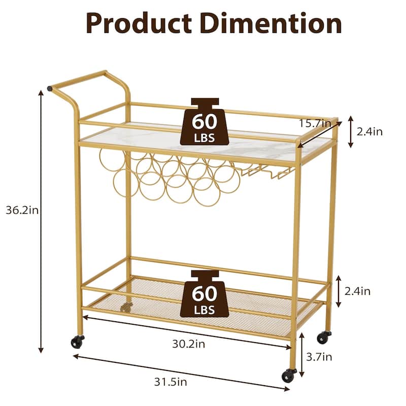 EROMMY Gold Bar Cart with Wheels, Rolling Liquor Cart with Wine Rack and Glass Holder, Modern Bar Trolley for Home Kitchen.