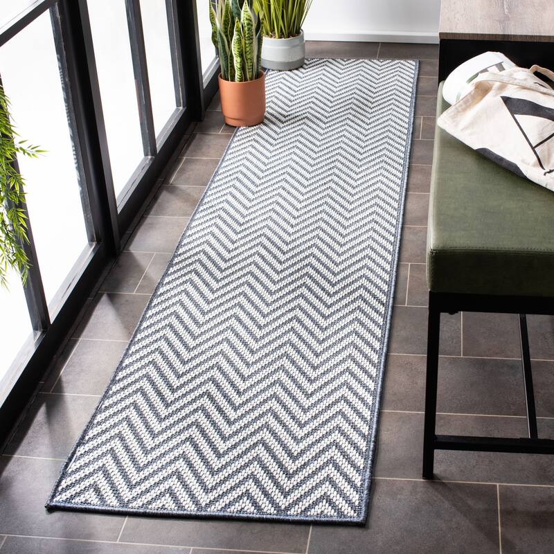 SAFAVIEH Bermuda Washable Tzipi Indoor/ Outdoor Waterproof Rug - 2' x 10' Runner - Blue/Creme