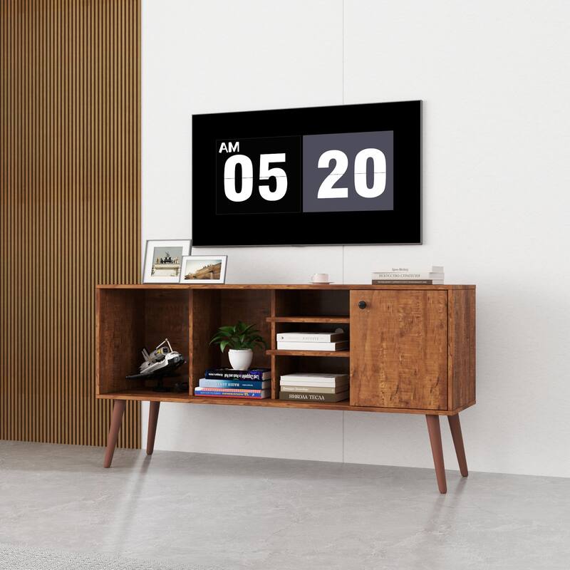Modern TV Stand Stylish TV Stand with 1 Storage, 4 Solid Wood Legs, and 3 Shelves, for Living Room, Walnut Brown