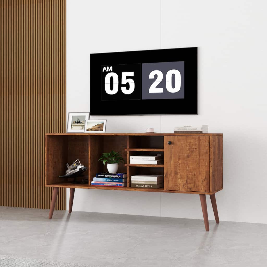 Modern TV Stand for Living Room – 1 Storage Cabinet & 3 Open Shelves