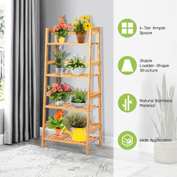 4-Tier Bamboo Ladder Shelf-Natural - 19" x 12.5" x 45" (L x W x H)