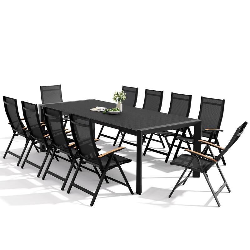 Set of 11 Outdoor Patio Dining Set WoodLike Table Top Aluminum Rectangular Umbrella Hole Table with Folding Teak Armrest Chairs