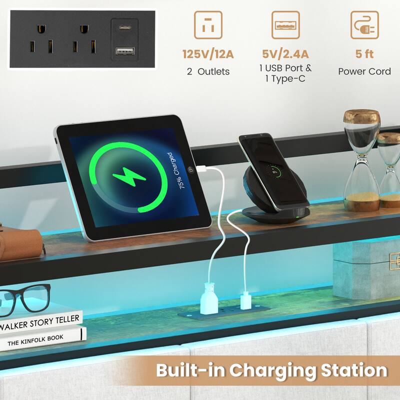 Bed Frame with LED Lights Charging Ports and Storage Headboard
