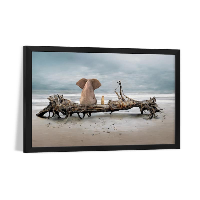 Elephant And A Dog Are Sitting On Driftwood Premium Framed Poster by Mike Kiev