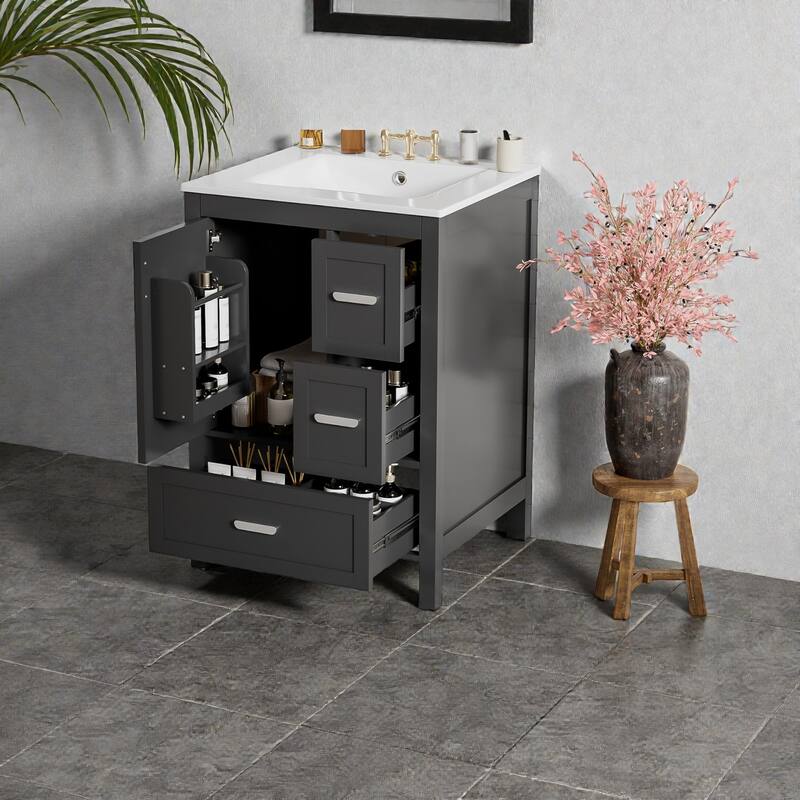 24" Bathroom Vanity with Ceramic Sink, Soft-Close Door, Double-Shelf Storage & 3 Drawers, Solid Wood Frame