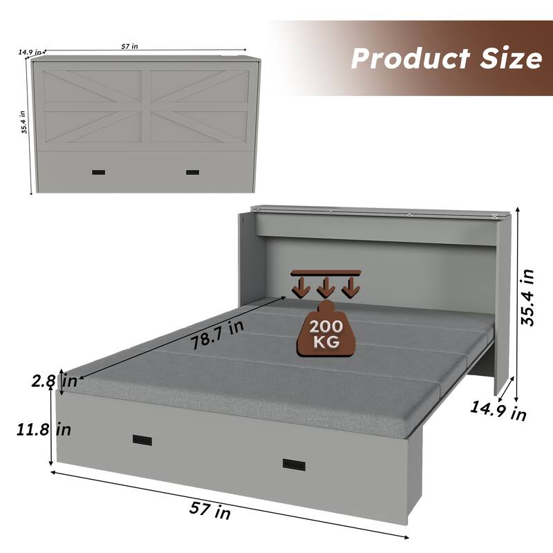 Full Size Foldable Murphy Bed Cabinet with Storage and Charging