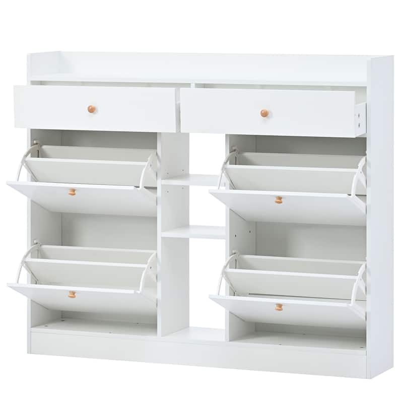 Modern White Two-tier Shoe Cabinet with 4 Flip Drawers - 9.4"W x 47.24"H x 50.7"D