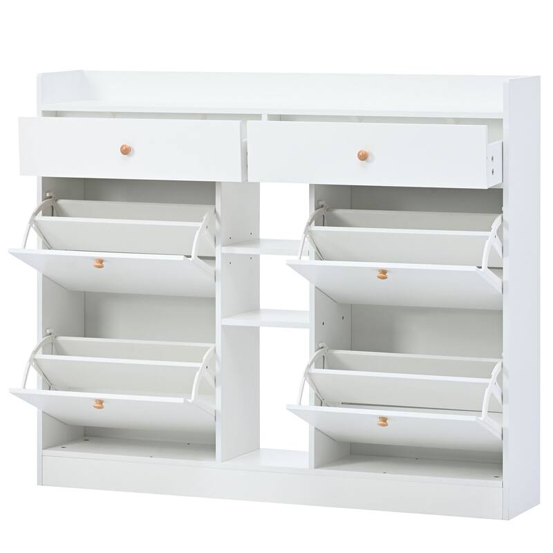 Tipping Bucket Wooden Shoe Cabinet, Multifunctional 2-Tier Shoe Storage Organizer, Narrow Shoe Cabinet with 4 Flip Drawers