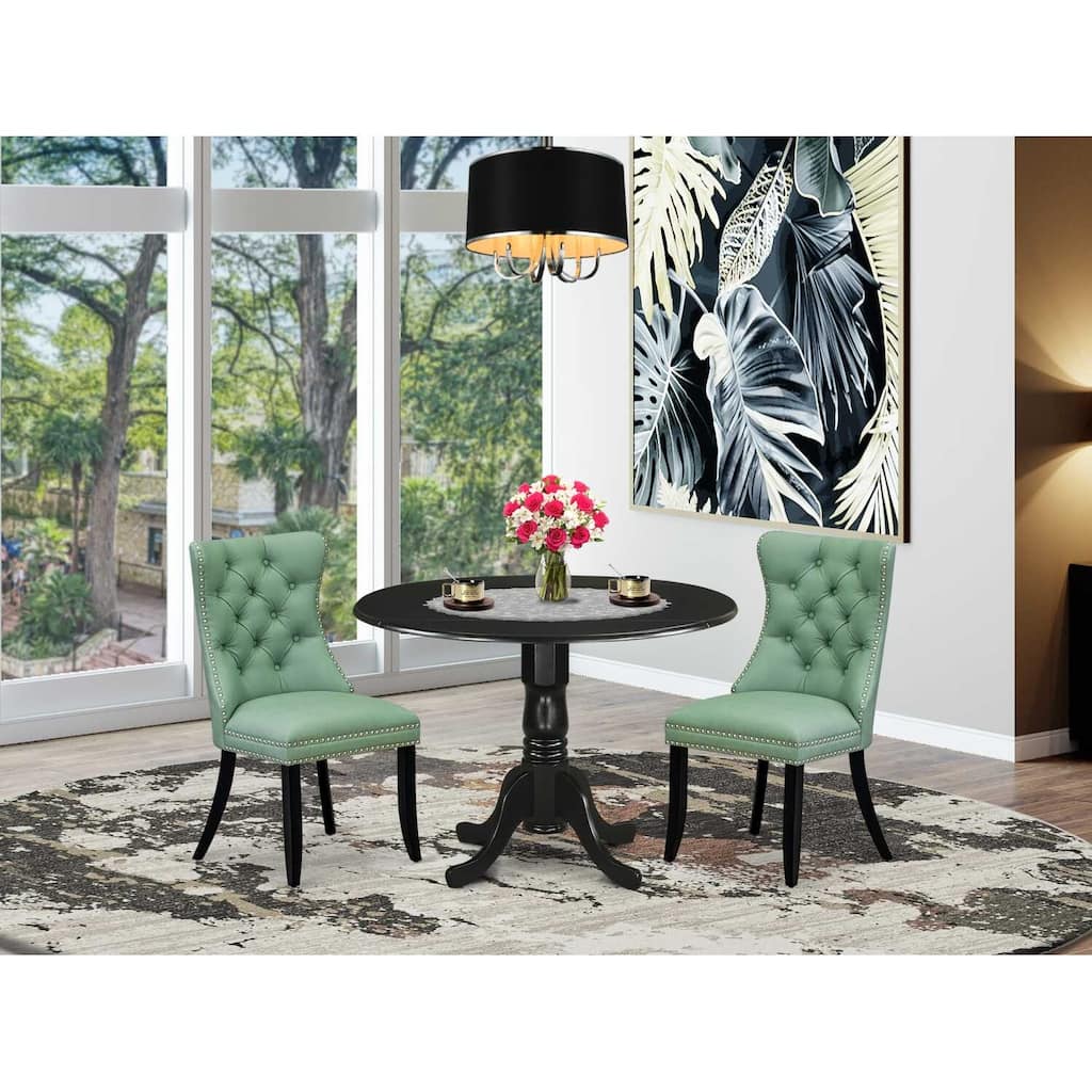 3-Piece Black Finish Solid Wood Top-Round Upholstered Dining Room Set -Seats 4