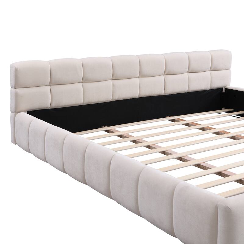 Chenille Upholstered Platform Bed Frame Modern Low Profile Bed with Checkerboard Pattern Headboard No Box Spring Needed - Beige