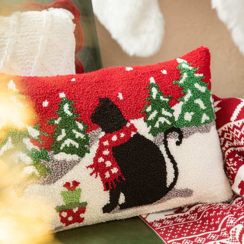 Glitzhome Hooked Cat Dog Christmas Tree Throw Pillow Home Sofa Decor