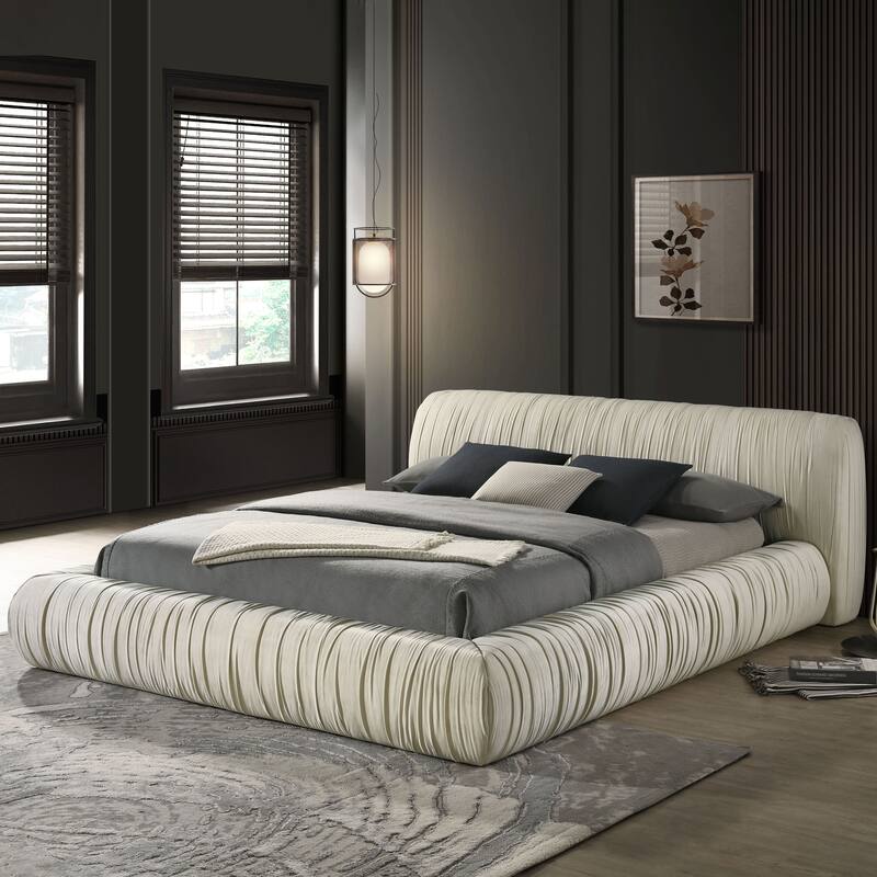 Furniture of America Henrietta Modern Velvet Upholstered Low Profile Queen Platform Bed - Ivory