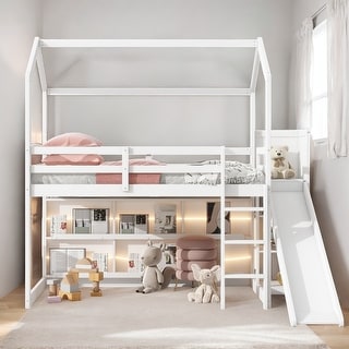 Twin Size Wood House Loft Kids Bed with Slide, Storage Shelves, Climbing Ramp & Adjustable Light, Safety Guaranteed, White