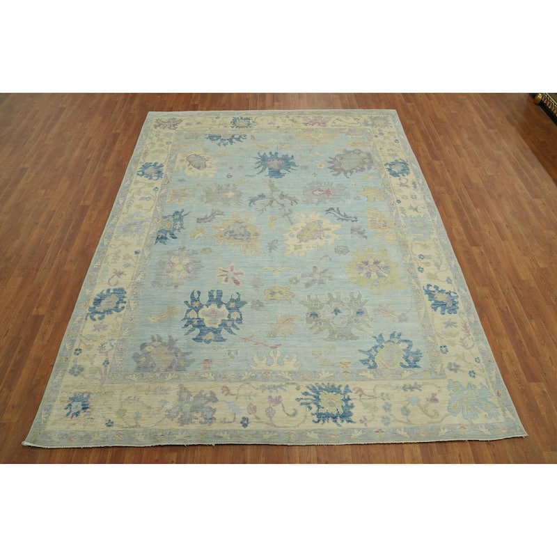 Handmade Blue Oushak Vegetable Dye Area Rug, Floral Geometric Carpet - 10' 3'' X 7' 11''