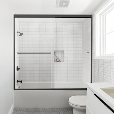 Matte Black Semi-Frameless Double-sliding Shower Door with Clear Glass - 60 in.Wx58 in.H