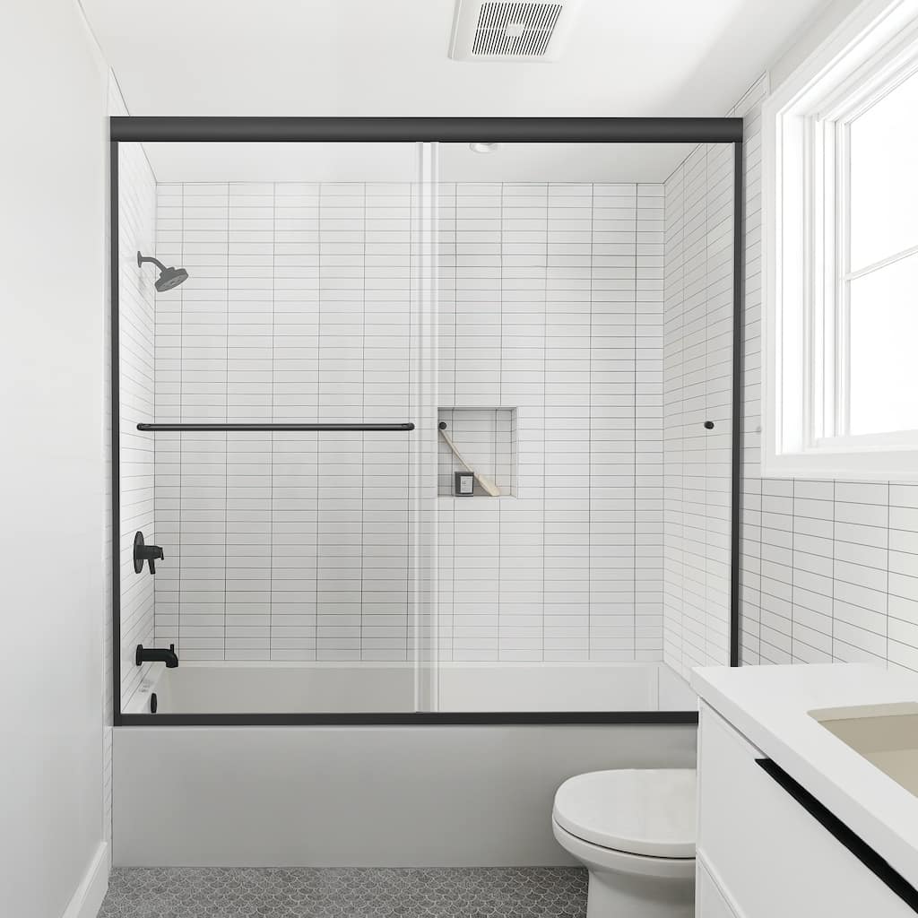 Matte Black Semi-Frameless Double-sliding Shower Door with Clear Glass - 60 in.Wx58 in.H