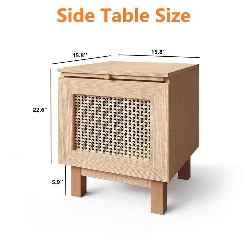 End Table, Modern Rattan Nightstand, Side Table with Retractable Desktop