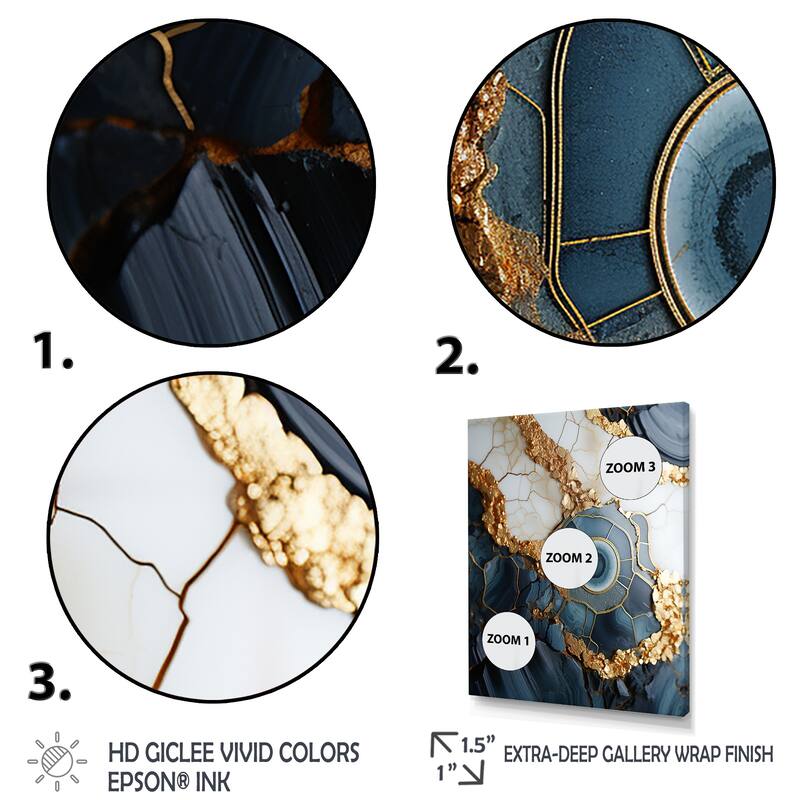 Designart "Gold And Blue Geode Art IV" Abstract Liquid Ink Wall Art Gold - Modern Wrapped Canvas For Hallway Décor