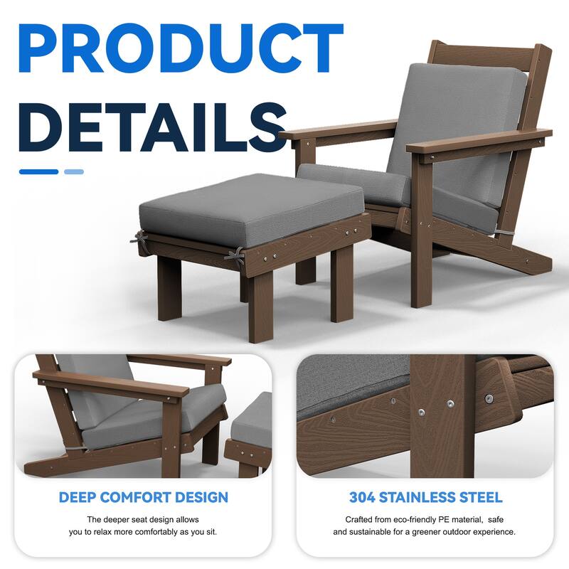 Outdoor Patio HDPE Chair Set with a Movable Ottoman & Removable Cushions