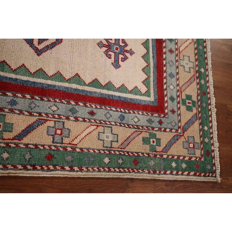Ivory Geometric Kazak Oriental Area Rug Handmade Bedroom Wool Carpet - 4'0" x 5'9"