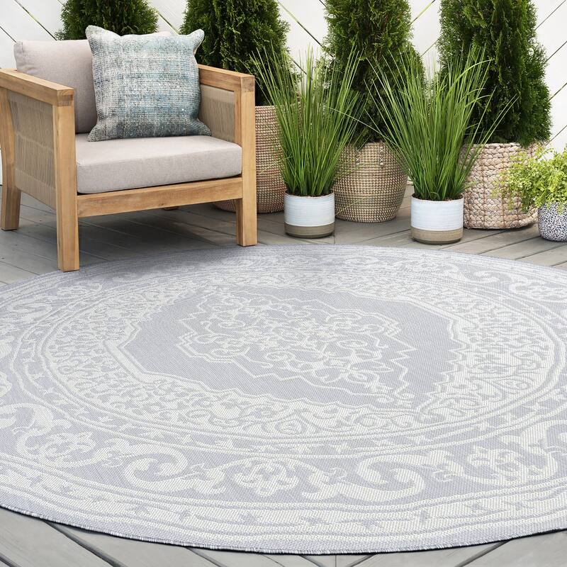 Exo Coastal Oriental Indoor/Outdoor Area Rug - 7'11'' Round - Gray/Cream