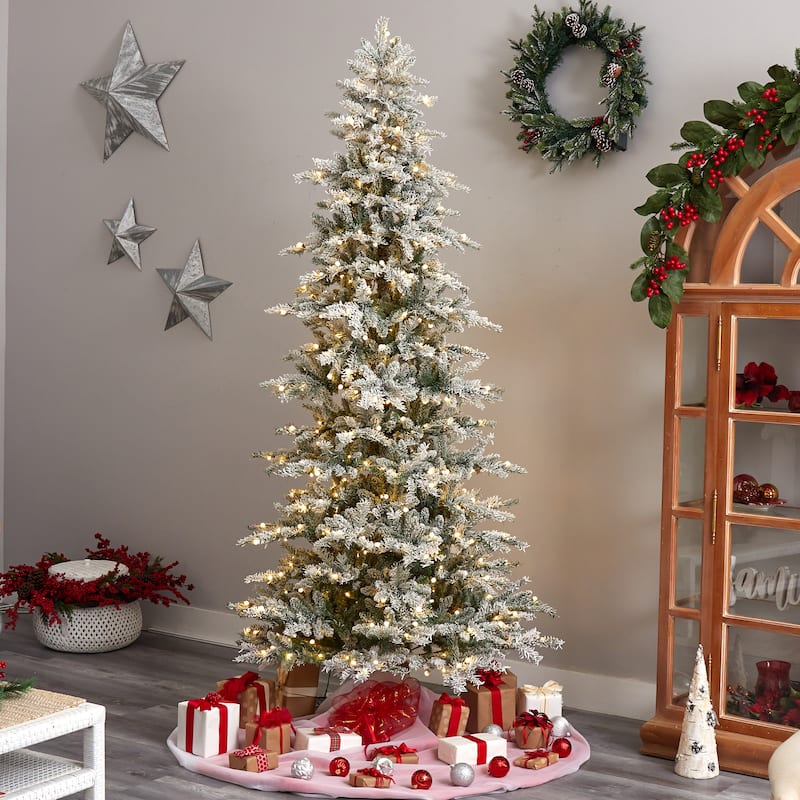 8.5' Pre-Lit Slim Flocked Spruce Artificial Christmas Tree, Warm White LED Lights - 8.5 Foot